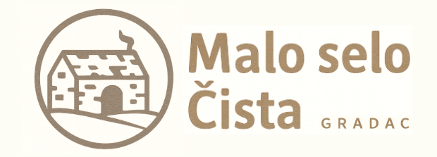 Logotip etno sela Malo selo Čista iz mjesta Gradac, prikazuje tradicionalnu kamenu kućicu i naziv destinacije, simbolizirajući seoski turizam i autentični odmor u prirodi.
