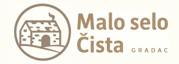 Logotip etno sela Malo selo Čista iz mjesta Gradac, prikazuje tradicionalnu kamenu kućicu i naziv destinacije, simbolizirajući seoski turizam i autentični odmor u prirodi.